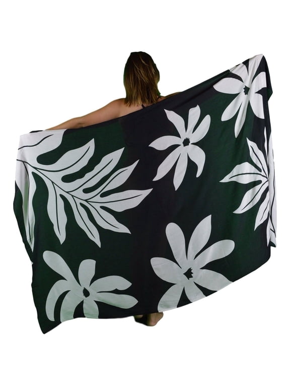Island Style Women's Pareo Sarong Cover-up- Hawaiian Floral, Black and White