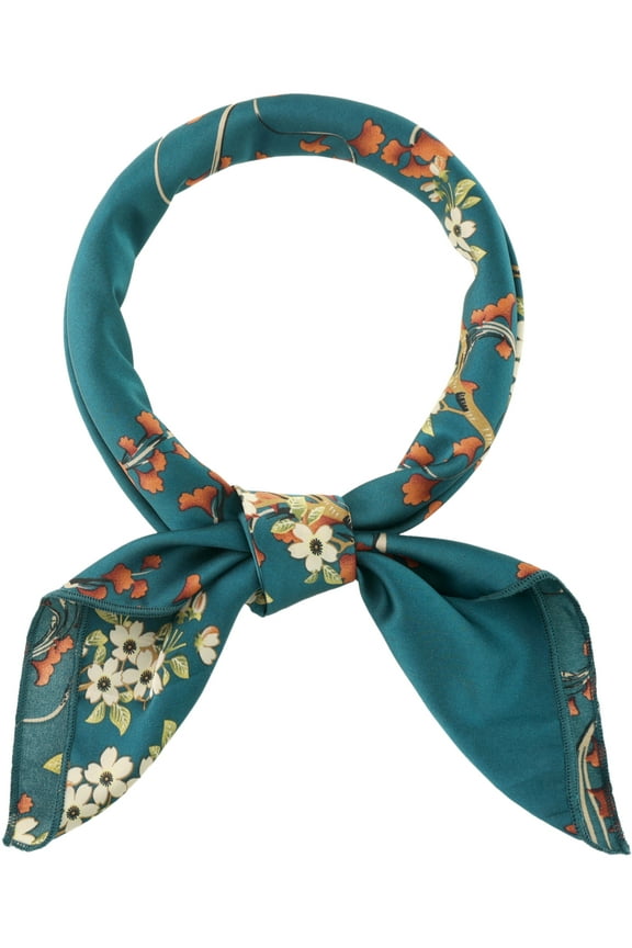 Women Floral Satin Scarves, Square Silky Neck Scarf Neckerchief, Skinny Long Ribbon Hair Band Square-Peacock Blue 27.6x27.6''(LxW)