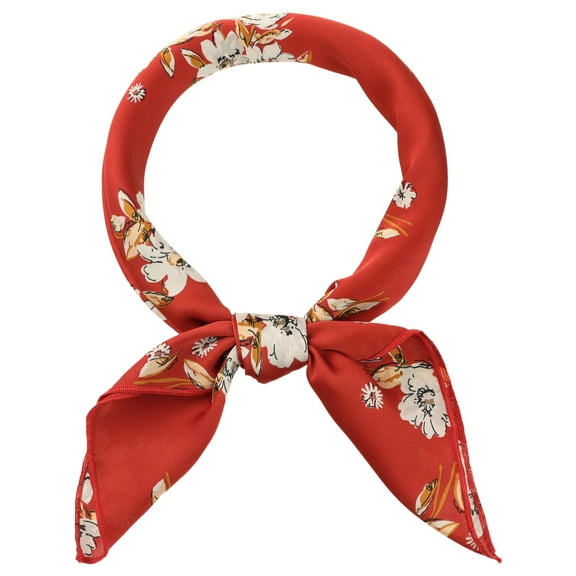INSPIRE CHIC Women Floral Satin Scarves, Square Silky Neck Scarf Neckerchief, Skinny Long Ribbon Hair Band Square-Wine Red 35.4x35.4''(LxW)