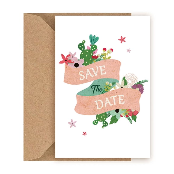 Floral Save the Date Card  Beautiful Design with Cacti and Flowers  Blank Inside  Perfect for Wedding Announcements and Invitations