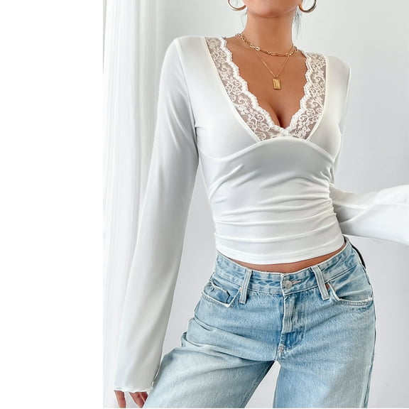 Floral Scallop Trim Deep V Neck Long Sleeve Shirts for Women Low Cut Slim Fitted Floral Embroidery Going Out Top Y2k See Through Shirts