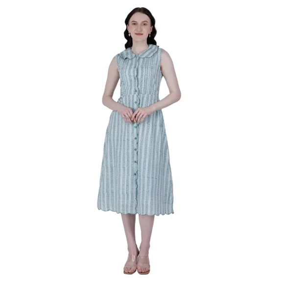 Floral Scalloped Round Neck Collar Dress Women Blue With Pockets sleeveless