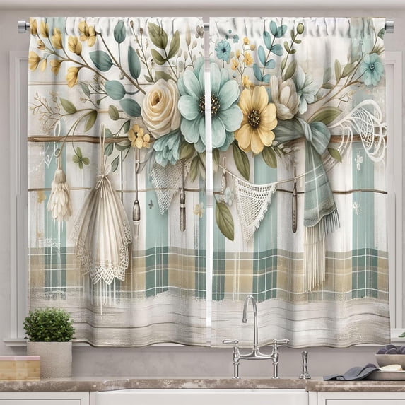 Floral Scenario Kitchen Curtains, Leafy Flower Jumble with Oriental Lace on Plaid Back Farmhouse, Window Drapes 2 Panel Set for Kitchen Cafe Decor, 55" x 36", Mint Green Coconut Khaki