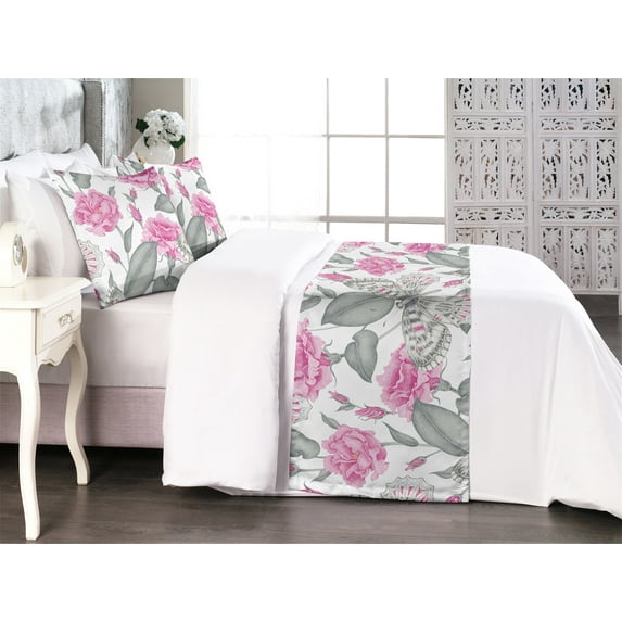 Floral Scene Bed Runner Set, Engraved Charcoal Look Delicate Rose Flowers with Butterfly Print, Decorative Bedding Scarf & 2 Pillow Shams for Hotels Homes, Queen, Pastel Pink Taupe Grey, by Ambesonne