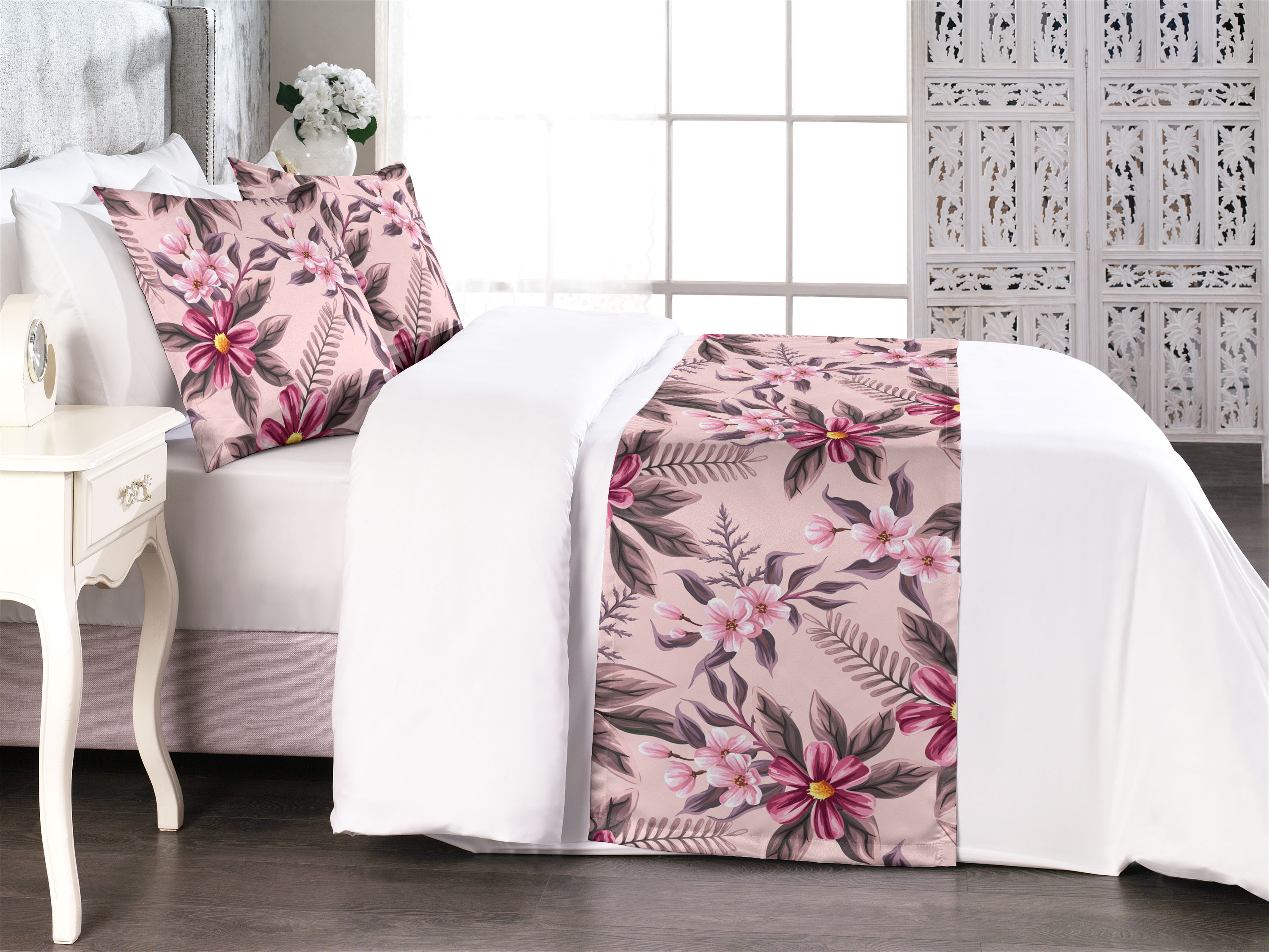 Floral Scene Bed Runner Set, Springtime Inspirations Romantic Themed ...
