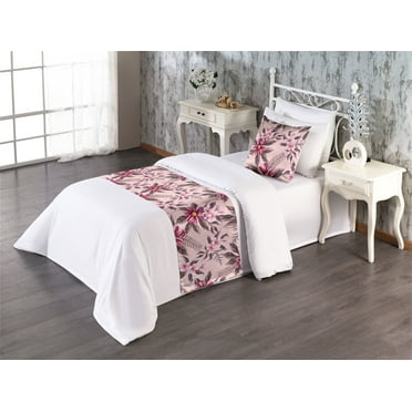 Floral Scene Bed Runner Set, Springtime Inspirations Romantic Themed Flowers Pattern with Leaves Art, Decorative Bedding Scarf & a Pillow Sham for Hotels Homes, Twin, Pale Pink Magenta, by Ambesonne