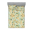 thumbnail image 1 of Floral Scene Fitted Sheet & Pillow Sham Set, Botany Design Garden Vibes Summer Flowers Vintage on Minty Back, Decorative Printed 3 Piece Bedding Decor, Calking, Almond Green Earth Yellow, by Ambesonne, 1 of 2