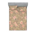 thumbnail image 1 of Floral Scene Fitted Sheet & Pillow Sham Set, Colorful Design Garden Flowers with Leaves Greenery Dreamy Print, Decorative Printed 3 Piece Bedding Decor, Full, Pale Yellow Green Coral, by Ambesonne, 1 of 2