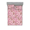 thumbnail image 1 of Floral Scene Fitted Sheet & Pillow Sham Set, Japanese Inspirations Spring Flowers Boho Romantic Botany Pattern, Decorative Printed 3 Piece Bedding Decor, Full, Pale Pink Pale Fuchsia, by Ambesonne, 1 of 2