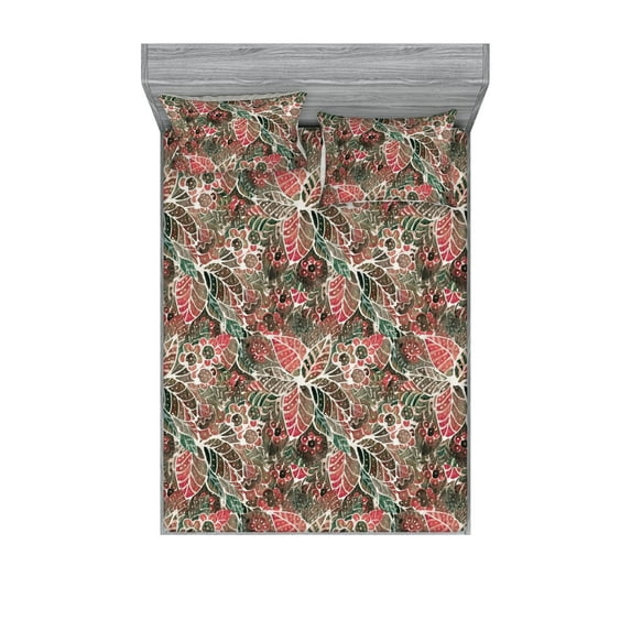 Floral Scene Fitted Sheet & Pillow Sham Set, Jumble Design of Jungle Boho Flowers with Leaves Neutral Artwork, Decorative Printed 3 Piece Bedding Decor, Full, Peacock Green Dark Pink, by Ambesonne