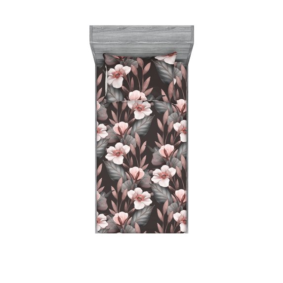 Floral Scene Fitted Sheet & Pillow Sham Set, Vintage Feels Botany Garden Nude Colors Leaves and Flowers Art, Decorative Printed 2 Piece Bedding Decor, Twinxl, Pale Mauve Taupe Eggshell, by Ambesonne