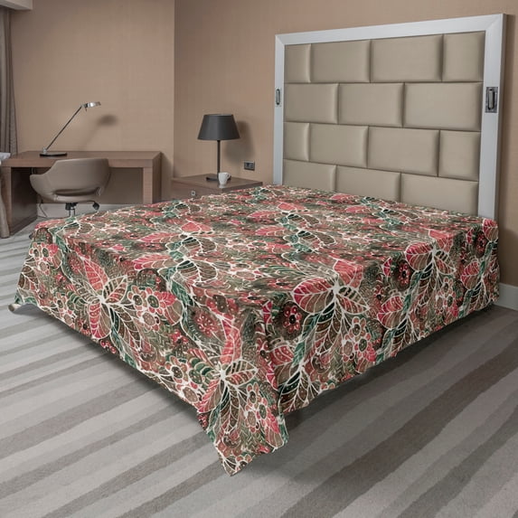 Floral Scene Flat Sheet, Jumble Design of Jungle Boho Flowers with Leaves Neutral Artwork, Soft & Comfy Top Sheet Decorative Bedding 1 Piece, California King, Peacock Green Dark Pink, by Ambesonne