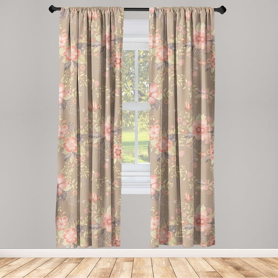 Floral Scene Window Curtains, Colorful Design Garden Flowers with Leaves Greenery Dreamy Print, Lightweight Decor 2-Panel Set with Rod Pocket, Pair of - 28"x84", Pale Yellow Green Coral, by Ambesonne