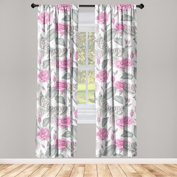 Floral Scene Window Curtains, Engraved Charcoal Look Delicate Rose Flowers with Butterfly Print, Lightweight Decor 2-Panel Set with Rod Pocket, Pair of - 28"x63", Pastel Pink Taupe Grey, by Ambesonne