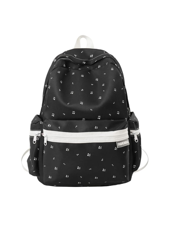 Floral School Backpack, Cute Aesthetic Backpack with Zippered Side Pocket, Waterproof Bookbag for Middle School College, Black