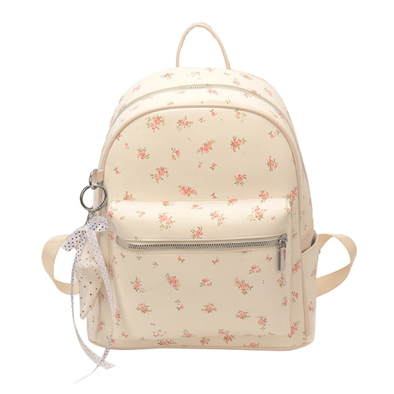 Floral School Backpack, PU Leather Waterproof Backpack with Pendant, Heavy Duty Mini Bookbag for Travel Work College, Beige