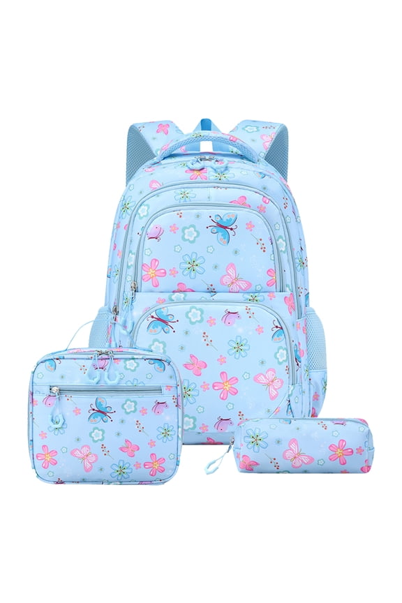 Floral School Backpack Set, Waterproof Backpack with Lunch Bag, Multi-Layer Pockets Bag for Middle School College (Blue)