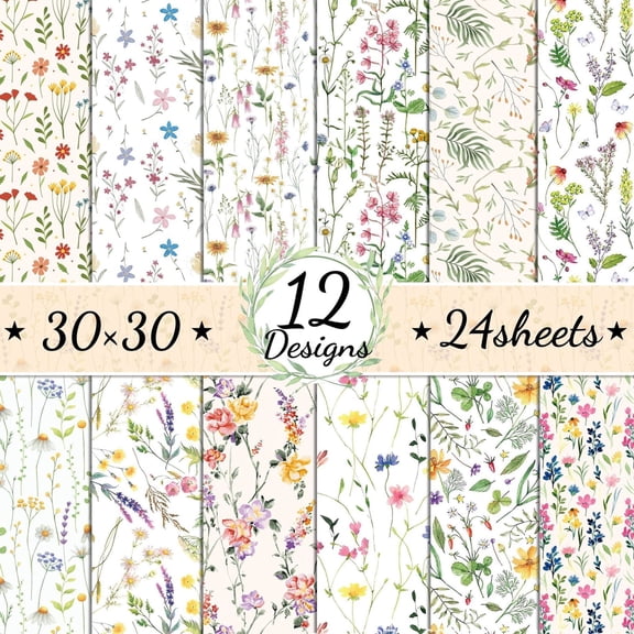 Floral Scrapbook Paper, 12'' x 12'' Double Sided 24 Sheets Decorative Craft Paper Pad Cardstock for Aesthetic Card Making Journaling Planner Origami Decopage Scrapbooking Supplies
