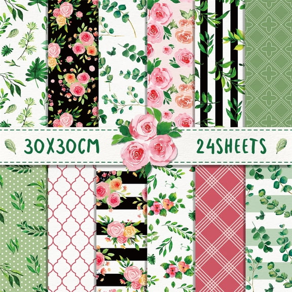 Floral Scrapbook Paper, 12'' x 12'' Double Sided 24 Sheets Decorative Craft Paper Pad Cardstock for Aesthetic Card Making Journaling Planner Origami Decopage Scrapbooking Supplies