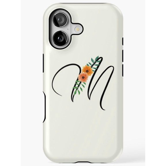Floral Script Initial M Tough Phone Case for Apple iPhone, Polycarbonate Shell with TPU Liner