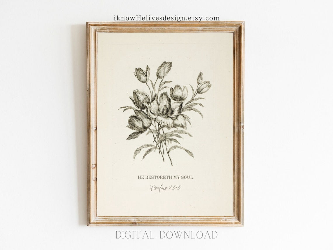 Floral Scripture Wall Art Psalms 23:3 Kjv Vintage Print Bible Verse Art ...