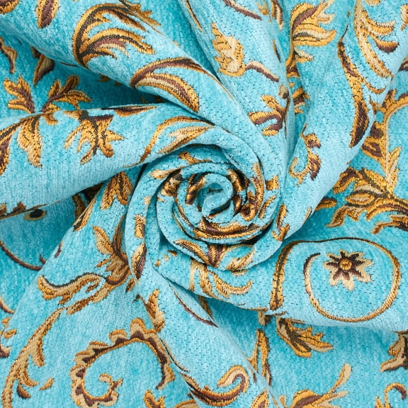 Floral Scroll Metallic Chenille 57" Heavyweight Upholstery Jacquard Polyester Fabric By The Yard (Turquoise / Gold, 1 Yard)