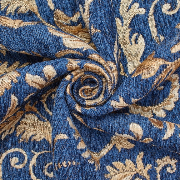 Floral Scroll Polyester Chenille Jacquard Heavy Duty Heavyweight 320 GSM Fabric By The Yard For Sewing, Upholstery, & DIY Crafts (Beige / Royal Blue, 1 Yard)