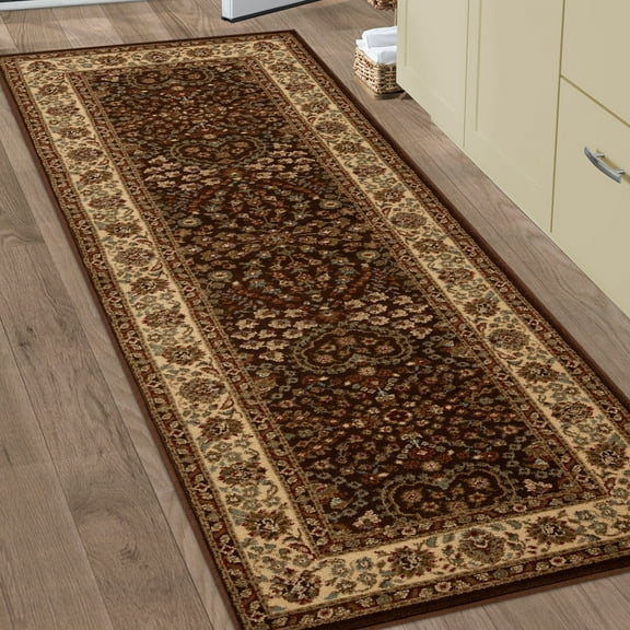 Floral Scroll Power-Loomed Indoor Area Runner with Border, 2'7" x 8, Mocha by Blue Nile Mills