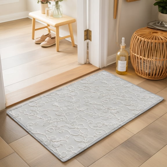 Floral Scrolls 2'x3' Small Rugs for Entryway Front Door Kitchen Sink Area, Damask Floral Leaves Embossed Texture White Soft Sturdy Mats Washable Non Slip Rectangle Area Rug