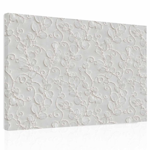 Floral Scrolls Canvas Print Wall Art Damask Floral Leaves Embossed Texture White Wall Decor Modern Artwork Paintings Pictures for Living Room Stretched and Framed Ready to Hang - 12" x 16"