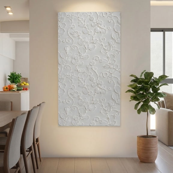 Floral Scrolls Canvas Wall Art for Living Room, Damask Floral Leaves Embossed Texture White Poster Print Painting for Bedroom Office Home Decoration Wall Pictures Prepare To Hang 30"x60"
