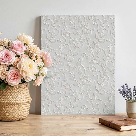 Floral Scrolls Canvas Wall Art for Living Room, Damask Floral Leaves Embossed Texture White Wall Decor Framed Artwork Pictures Ready to Hang for Bedroom Office Home Decor 8x10 Inch
