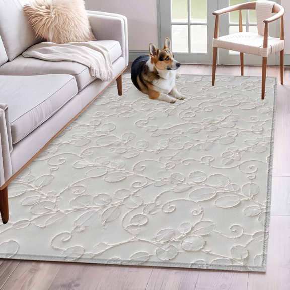 Floral Scrolls Runner Rug Non Slip 2.7x5 Damask Floral Leaves Embossed Texture White Washable Rug Runner for Hallways Low Pile Kitchen Rugs Stain Resist Carpet for Bathroom Bedroom Entryway