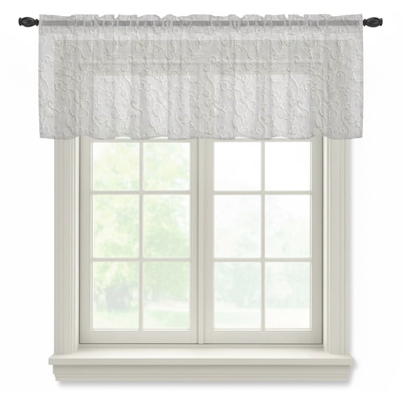 Floral Scrolls Sheer Valances for Windows, Damask Floral Leaves Embossed Texture White Semi Sheer Kitchen Valance Rod Pocket Small Voile Window Curtains for Living Room Bedroom 42 x 12 Inch