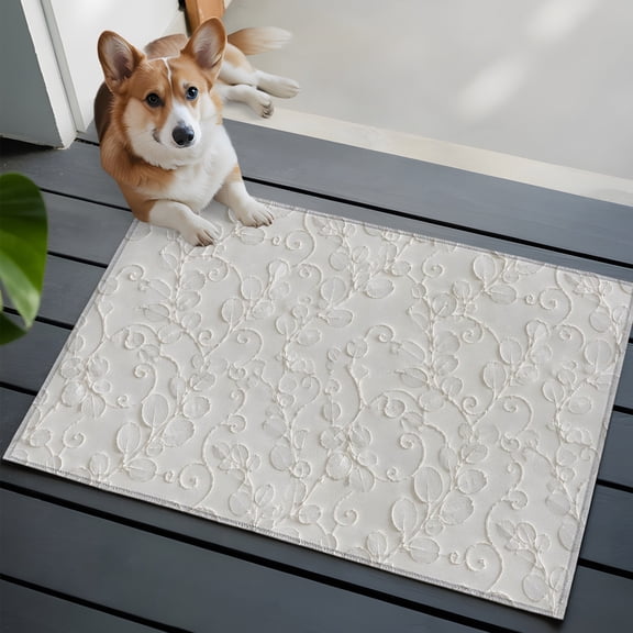 Floral Scrolls Small Area Rugs 2x3 Damask Floral Leaves Embossed Texture White Entryway Rugs Washable Door Mat, Low-Profile Area Rugs Non Slip Floor Carpet for Living Room Bedroom Home Office