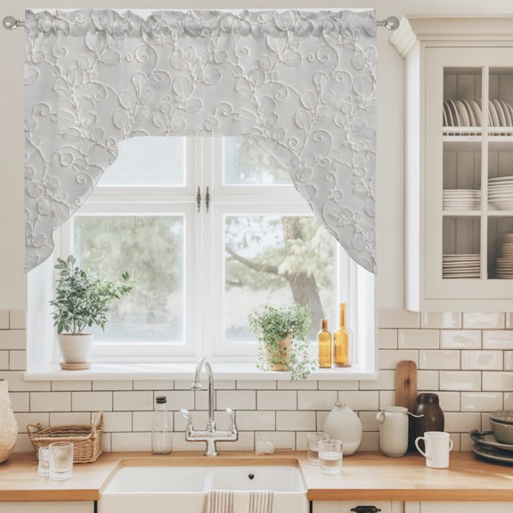Floral Scrolls Swag Valance for Windows, Damask Floral Leaves Embossed Texture White Swag Curtains Valances for Small Window Treatment Rod Pocket for Kitchen Bathroom 1 Panel 56x36in