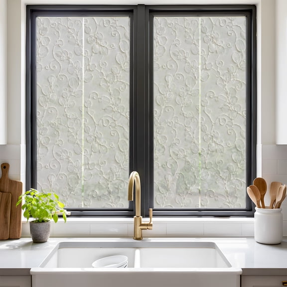 Floral Scrolls Window Privacy Film Damask Floral Leaves Embossed Texture White Non Adhesive Window Cling Stickers Static Cling Glass Decals for Home Party Decoration 17.7 x 39.3 in