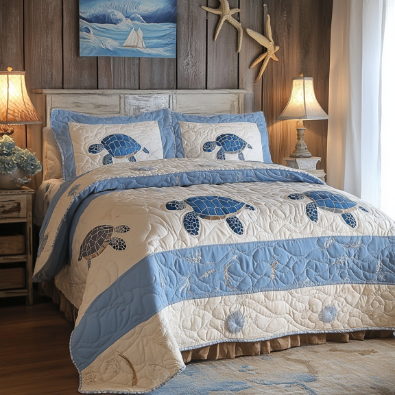 Floral Sea Turtle 3-Piece Quilted Bedding Set