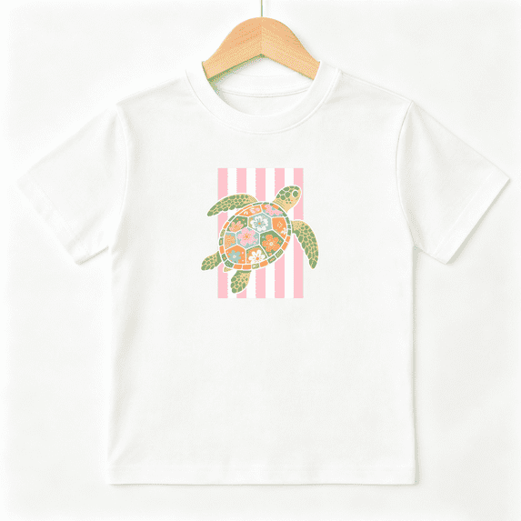 Floral Sea Turtle Pink Striped Girls Graphic Tee, Cute Ocean 100% Cotton Kids Short Sleeve T-Shirt