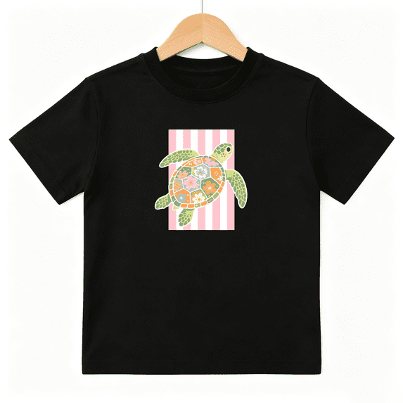 Floral Sea Turtle Pink Striped Girls Graphic Tee, Cute Ocean 100% Cotton Kids Short Sleeve T-Shirt