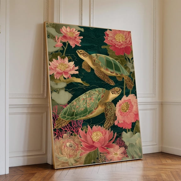 Floral Sea Turtle Print, Ocean Wall Art, Marine Life, Coastal Decor Print, Beach Animal Wall Art, Turtle Lover Gift #2723, Stretched Canvas Size 8x12