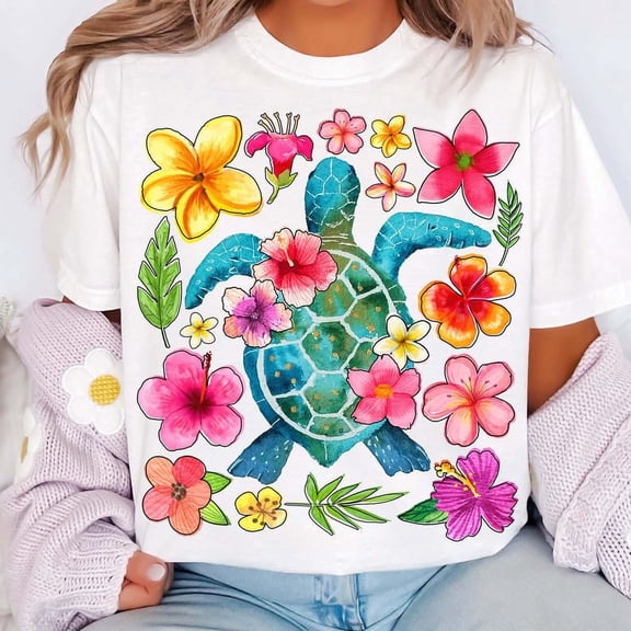 Floral Sea Turtle Summer T-shirt, Turtle Shirt, Beach T-shirt, Boho Nautical Sublimation Design, Turtle Aesthetic Flower, Pink Summer Girly T-shirt