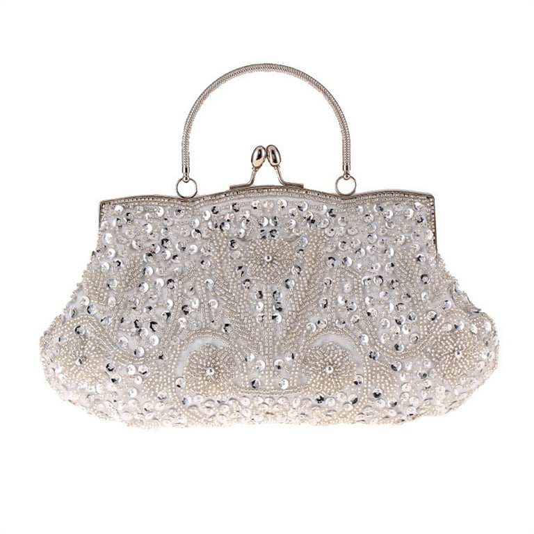 Silver beaded clutch evening bag discount