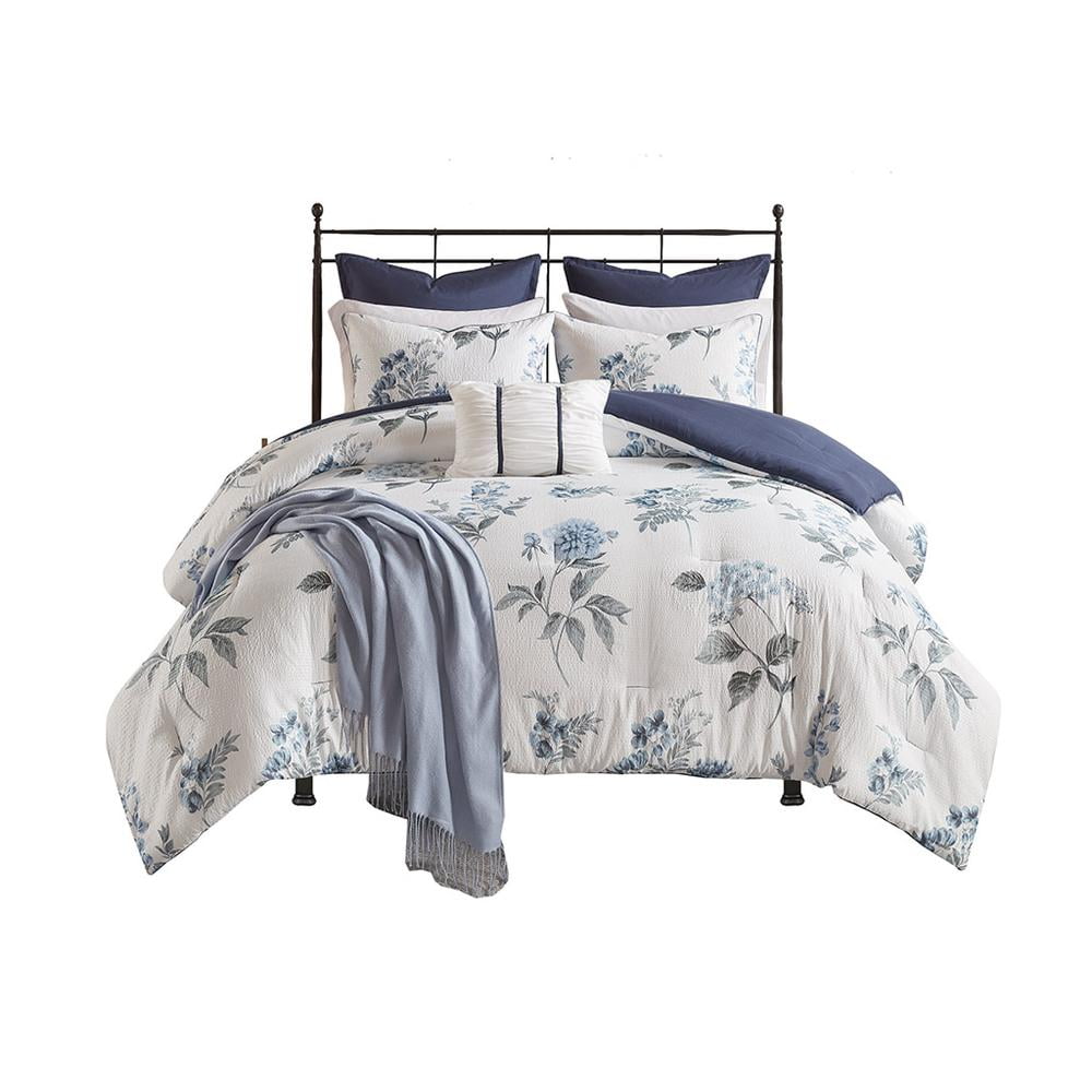 Blue Floral Seersucker 7 Piece Microfiber Comforter Set