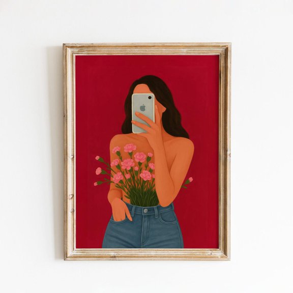 Floral Selfie Bold Red Modern Graphic Design Poster Unframed Paper Print