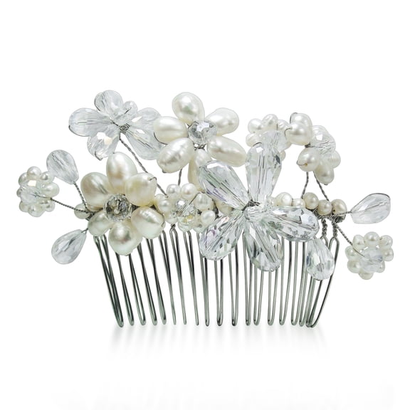 Floral Serenity White Pearls and Crystals Bridal Hair Comb Piece