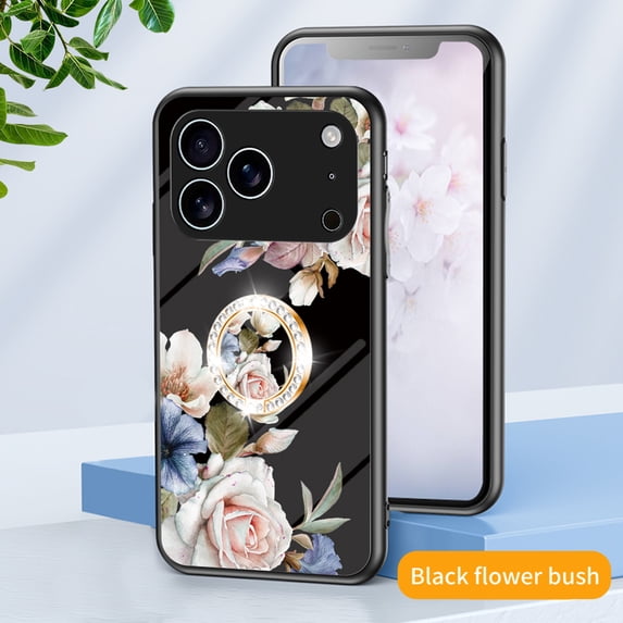 Floral Series Phone Case for Apple iPhone 17 6.3", with Glitter Ring Holder Stand Stylish Cute Cover for Women Girls