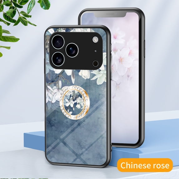Floral Series Phone Case for Apple iPhone 17 6.3", with Glitter Ring Holder Stand Stylish Cute Cover for Women Girls