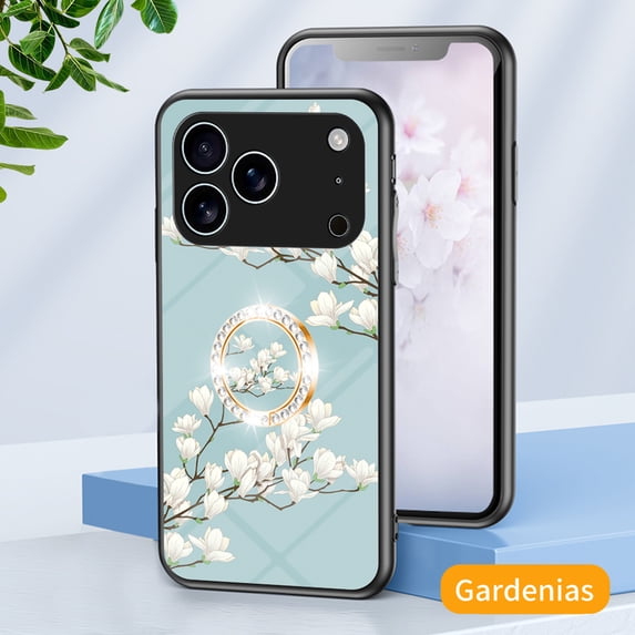 Floral Series Phone Case for Apple iPhone 17 6.3", with Glitter Ring Holder Stand Stylish Cute Cover for Women Girls