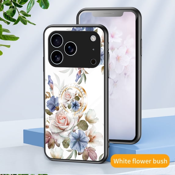 Floral Series Phone Case for Apple iPhone 17 Pro Max 6.9", with Glitter Ring Holder Stand Stylish Cute Cover for Women Girls